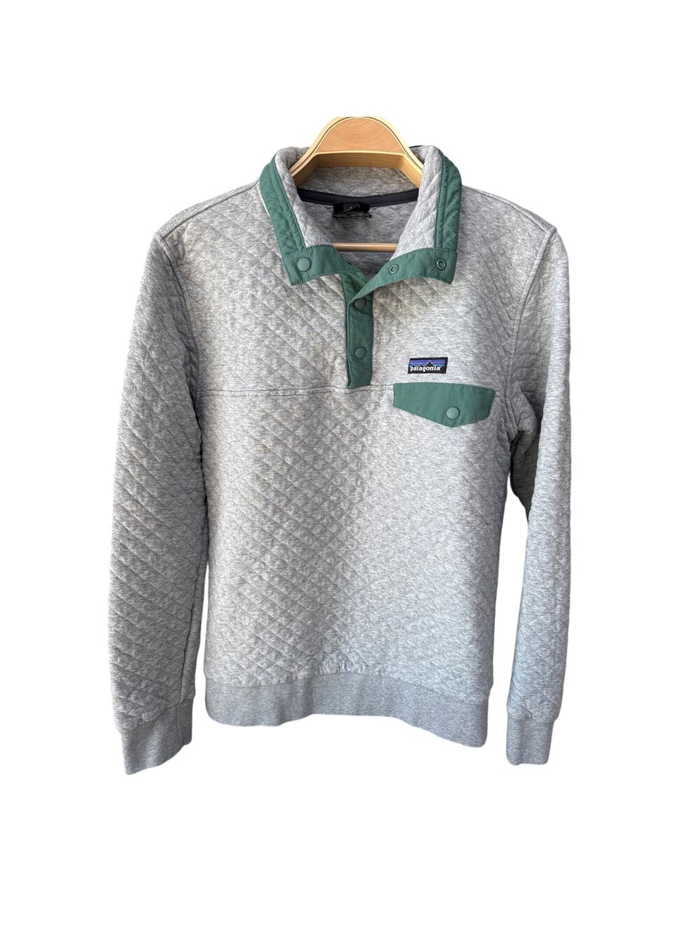Patagonia Quilted Snap-T Pullover Sweatshirt Gray Green Organic Cotton Womens L
